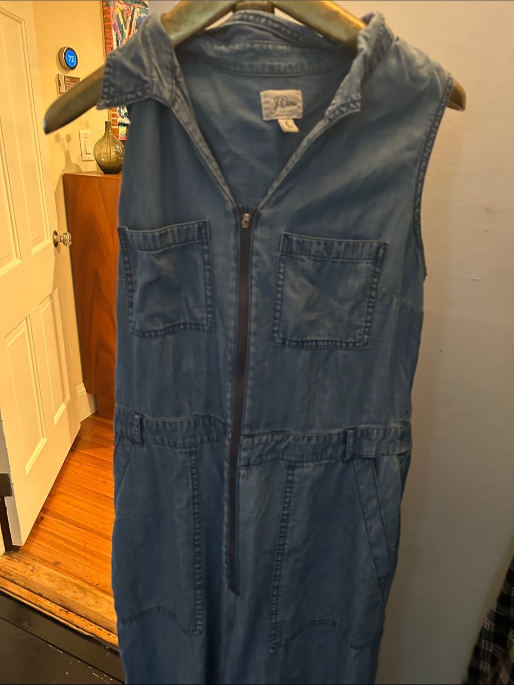 J. Crew Sleeveless Zip-Front Denim Jumpsuit in Medium Blue